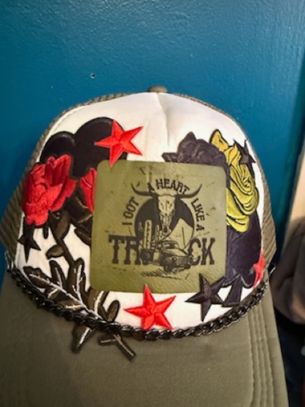 Trucker Patch Baseball Hat with Floral & Star Embroidery - Olive & White